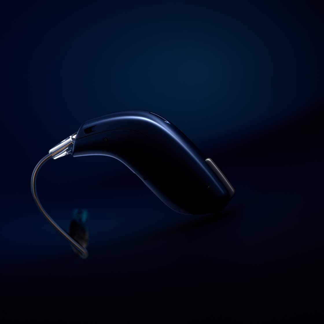 Oticon opn mavi renk işitme cihazı.
